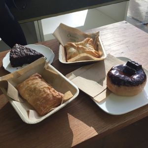 Sausage roll, spinach, brownie, chocolate donut at Vegabond - Leliegracht in Amsterdam