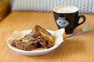 Coffee with a slice of Nono Cakes Bananabread, so good!  at Vegabond - Leliegracht in Amsterdam