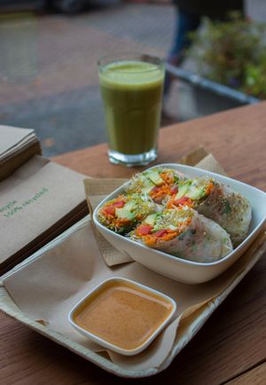 Vegabond serves glutenfree summer rolls with spicy peanut sauce. at Vegabond - Leliegracht in Amsterdam