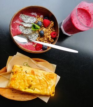 Acai bowl, sausage roll at Vegabond - Leliegracht in Amsterdam