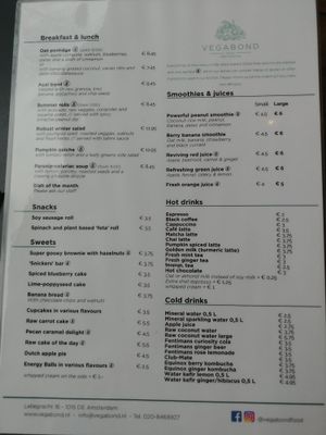 Menu at Vegabond - Leliegracht in Amsterdam
