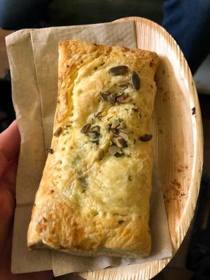 Spinach cheese pastry. Delicious but would have been better if it was heated.  at Vegabond - Leliegracht in Amsterdam