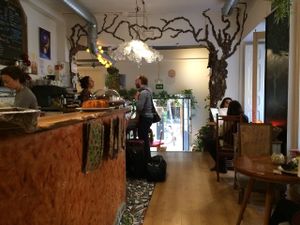 CLOsed!!!! View from the back table to front. Great tree bark decor at Tiyoweh La Quietud in Madrid