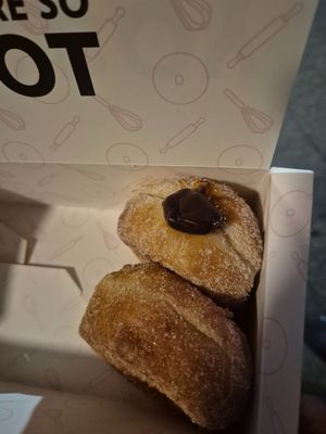 Mocha ($7.00) and cinnamon donuts ($5.00): ok, better after airfrying; couldn't taste coffee in the mocha donut just darkish chocolate of a custardy texture at Rude Boy in Sydney