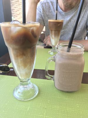 Oat mylk iced latte and three little birds smoothie with hemp protein  at Vita Health Food Bar in Hvar
