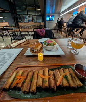 Vegan crispy chicken sandwich with aide salad and Lumpia Shanghai starter at The Laughing Monk in San Francisco