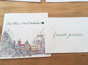 Menu (great slogan) and juice menu at Casa e Bottega Positano in Positano