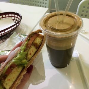 fabulous breakfast sandwich and green smoothie! at VLife in New York City