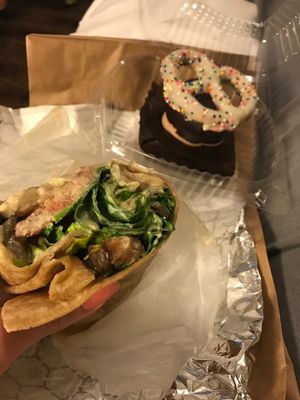 Eggplant extraordinaire and white chocolate pretzel brownie at VLife in New York City