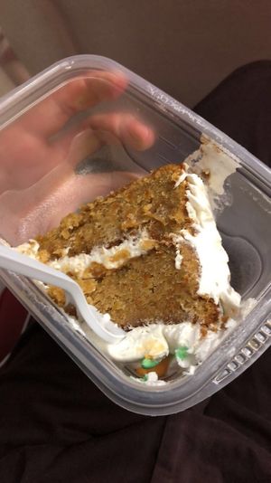 carrot cake. eaten on the train back home lol. picture doesn’t do it justice. it was a bit too sweet but not that bad!  at VLife in New York City