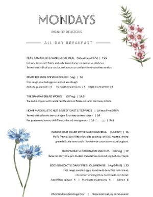 menu p1 at Mondays in Auckland