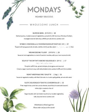 menu p2 at Mondays in Auckland