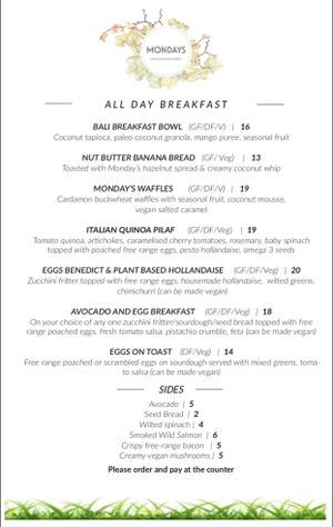 Breakfast menu at Mondays in Auckland