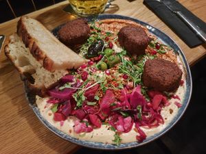 Vegan mezze plate with falafel at Informace in Prague