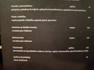 Menu at Informace in Prague