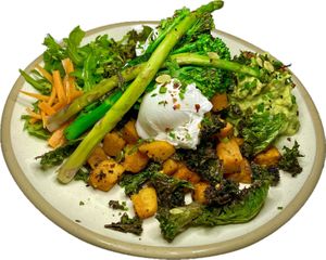 Sweet potato hash with poached egg at Kin Cafe Vegetarian in London