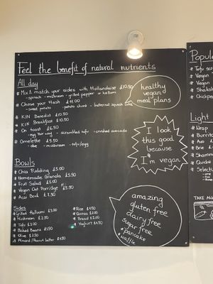 Part of the menu. Note the vegan choice! at Kin Cafe Vegetarian in London