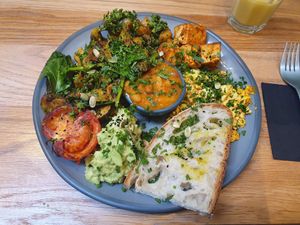Vegan cooked breakfast. at Kin Cafe Vegetarian in London