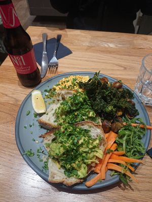 Kin Toasr with Scrambled Tofu, Kale, Avocado, and Mushrooms at Kin Cafe Vegetarian in London