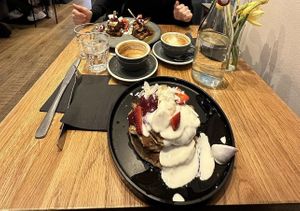 Pancakes (and waffles in the background)  at Kin Cafe Vegetarian in London