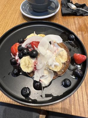 Delicious vegan pancakes!   at Kin Cafe Vegetarian in London