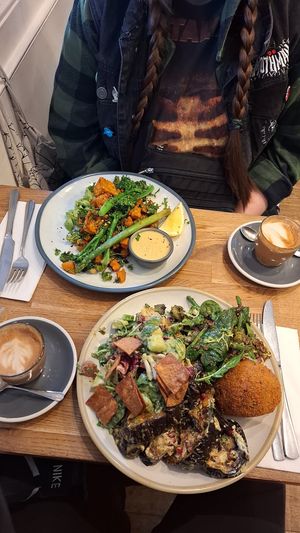 3 salads + aranchini ball, sweet potato and tofu hash at Kin Cafe Vegetarian in London