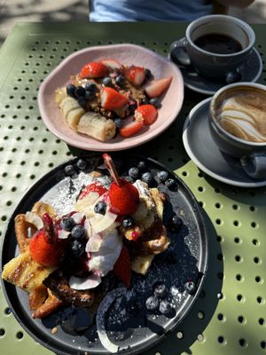 Waffles and Açai bowl   at Kin Cafe Vegetarian in London