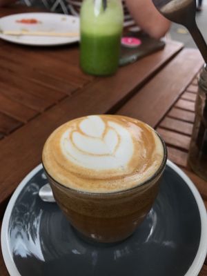 vegan soy flat white at Kin Cafe Vegetarian in London