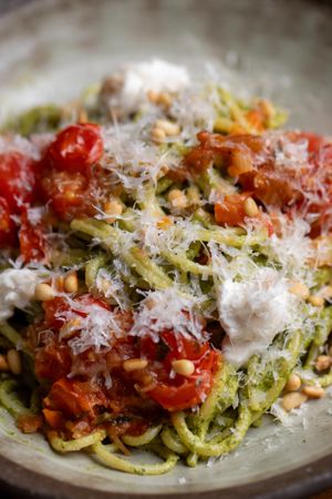 Courgette & Pistachio Spaghetti at Kin Cafe Vegetarian in London