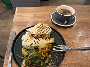Burrito and salad for lunch  at Kin Cafe Vegetarian in London