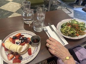 Pancakes and 3 salads  at Kin Cafe Vegetarian in London