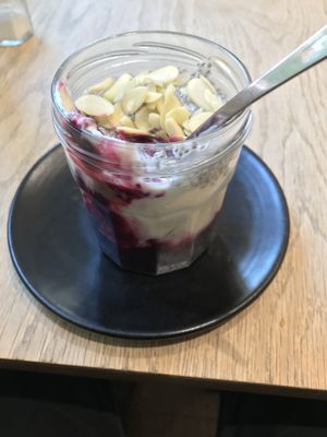 Deliciously sweet and tangy Vegan chia and blueberry compote  at Kin Cafe Vegetarian in London