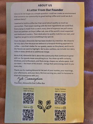 Note from founder on menu back at Almond & Oat Coffee Bar - South Jones in Las Vegas