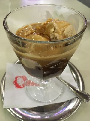 Soy hazelnut affogato (gelato with a shot of espresso) at La Gelateria in Taormina