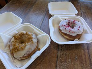 Biscoff and raspberry doughnuts at Joe and Dough in Sheffield