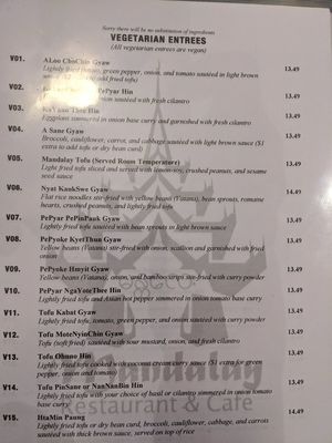 Vegetarian menu - all vegan at Mandalay Restaurant and Cafe in Silver Spring