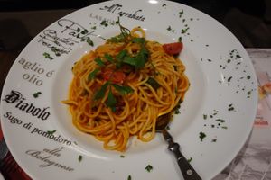 Arrabbiata with spaghetti (vegan) at Angelos Via Napoli in Saarbrucken