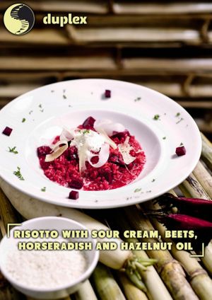 Beets Risotto with Horseradish and Sour Cream and Parmesan shavings at Duplex in Phnom Penh