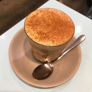 Ginger bread latte with freshly made almond milk and one shot of coffee at Raw Trader in Melbourne