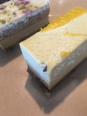 Mango cheesecake and white chocolate salted caramel cake at Raw Trader in Melbourne