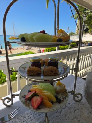 Vegan afternoon tea fruit plates, desserts, scones at Veranda at the Beachhouse in Honolulu