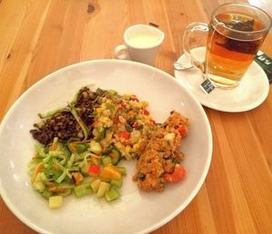 Wakame salad, cous cous and lentils. Tea with soy milk at BlissTray in Tallinn