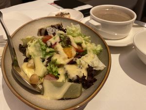 Energised salad and truffle soup.  at Sufood 舒果 in Central Singapore