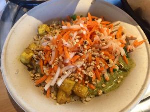 Tofu bowl with rice and green curry sauce at Zao Asian Cafe in Salt Lake City