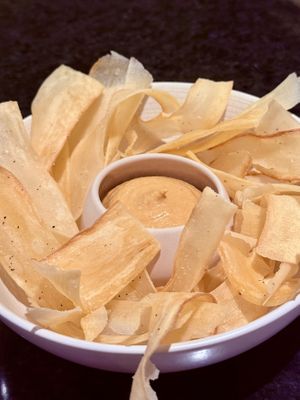 Yucca chips with corn saucee  at 17 Kitchen in Evanston