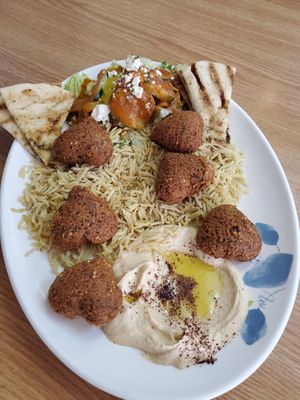 Falafel plate with rice (additional cost) at Heart of Jerusalem Cafe in Manitou Springs