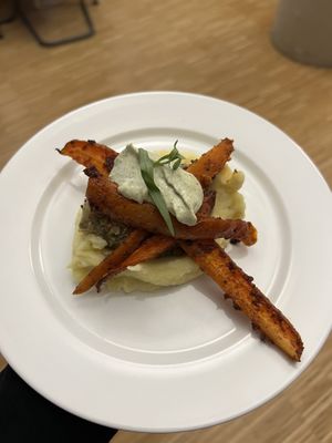 roasted carrots, mashed potatoes, lentil saladd  at De Pit in Utrecht