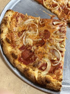 Vegan pepperoni, fresh garlic, and onion pizza!  at Angelina's Apizza in Waterbury