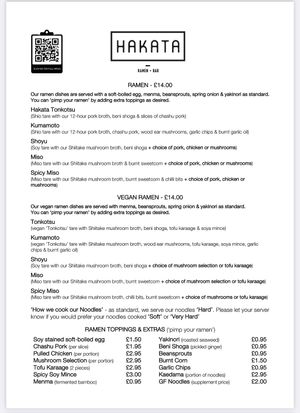 Menu  at Hakata Ramen + Bar in London