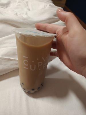 Black tea, oat milk, tapioca boba, no sugar, less ice at CUPP Bubble Tea - Brighton in Brighton
